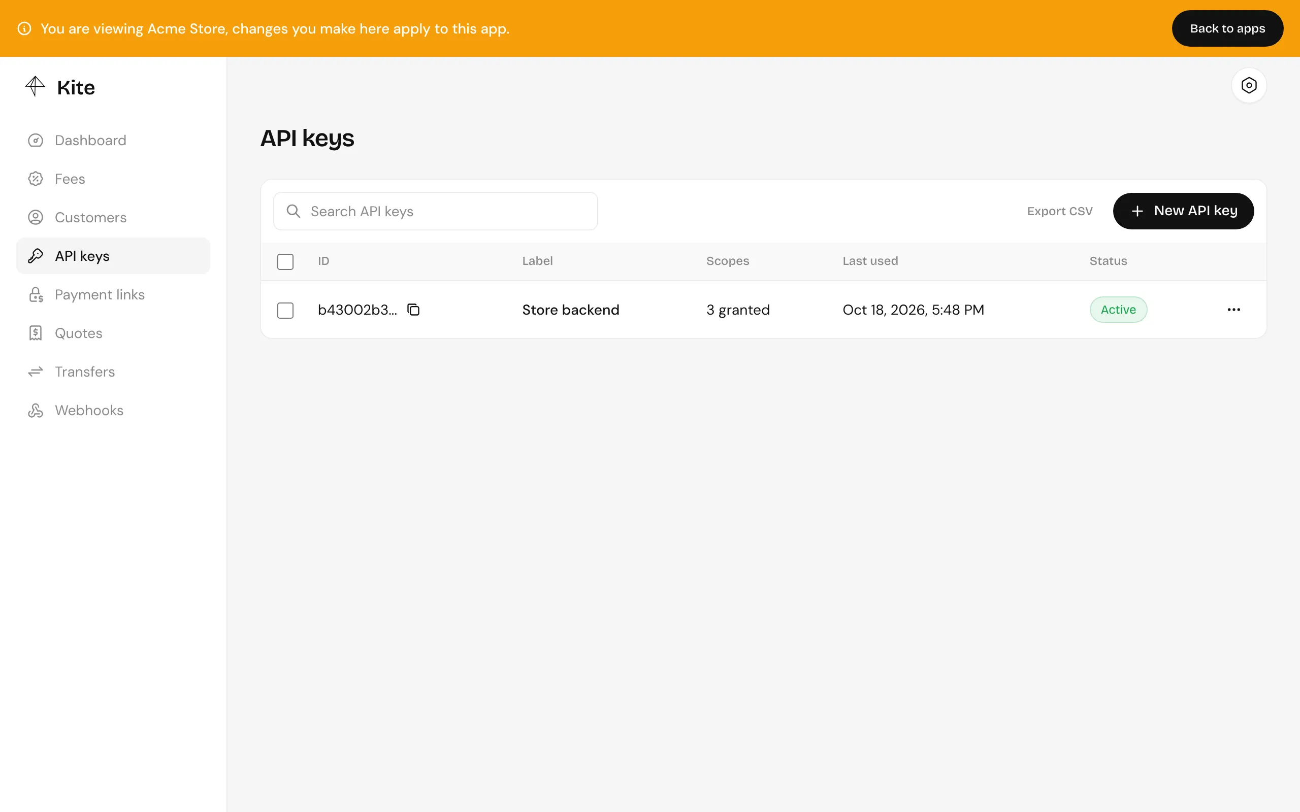 The API keys page, with each key’s scopes, last use and status