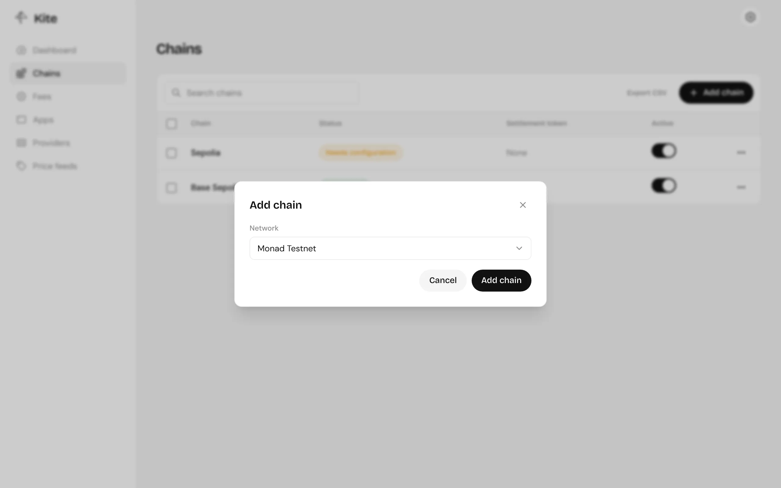 The Add chain dialog with a network picker