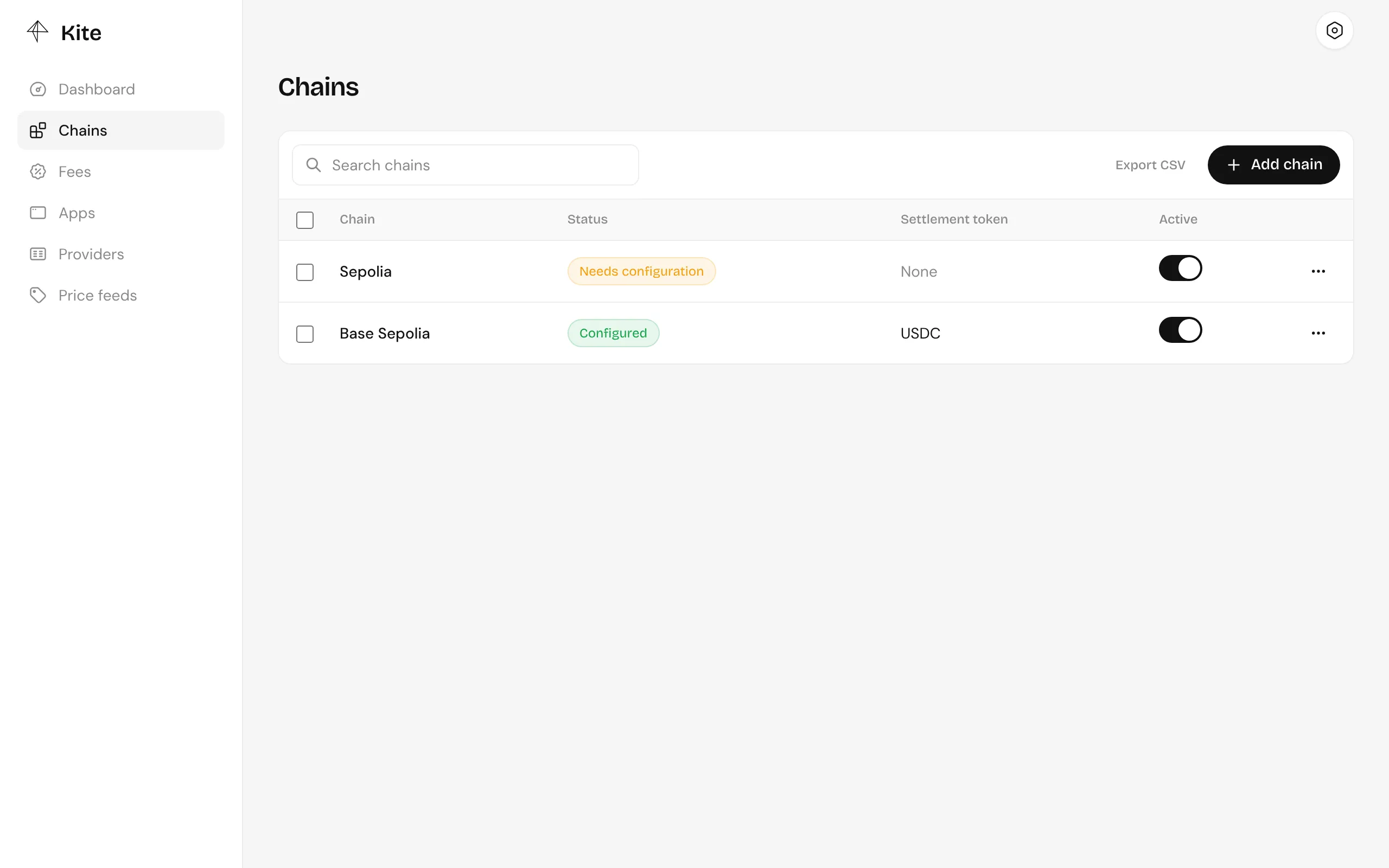 The Chains list, with Base Sepolia configured and Sepolia still needing configuration