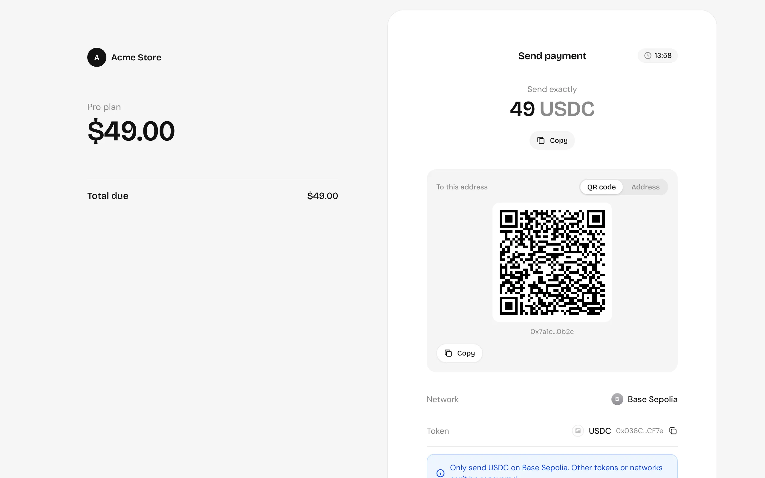 Payment instructions with a QR code for the address
