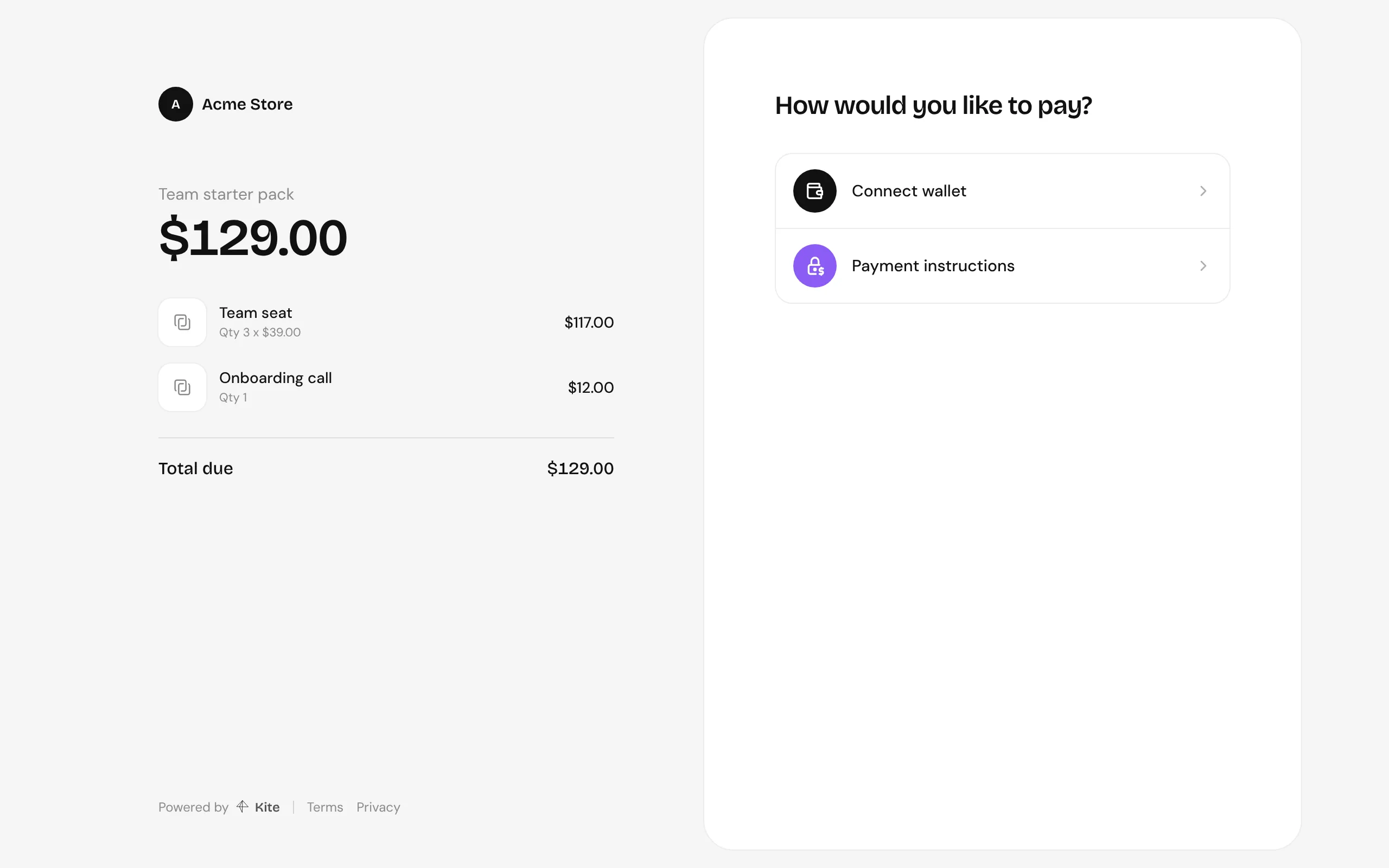Checkout for the Team starter pack: line items and total on the left, payment options on the right