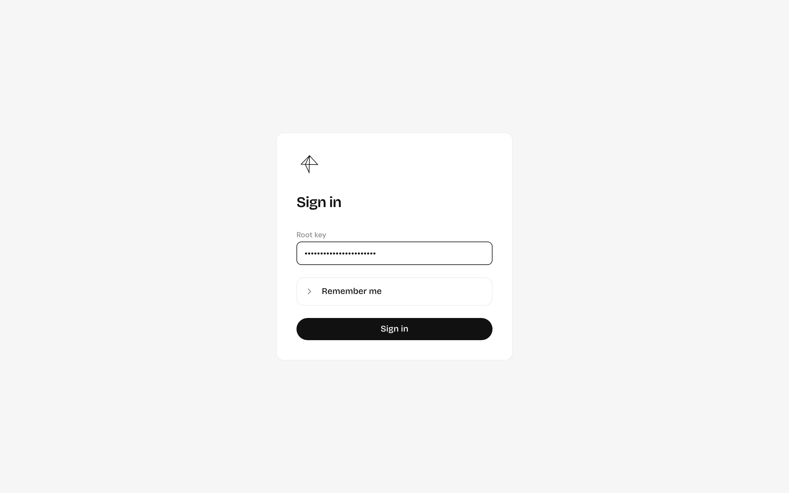 The sign-in screen, asking for the root key