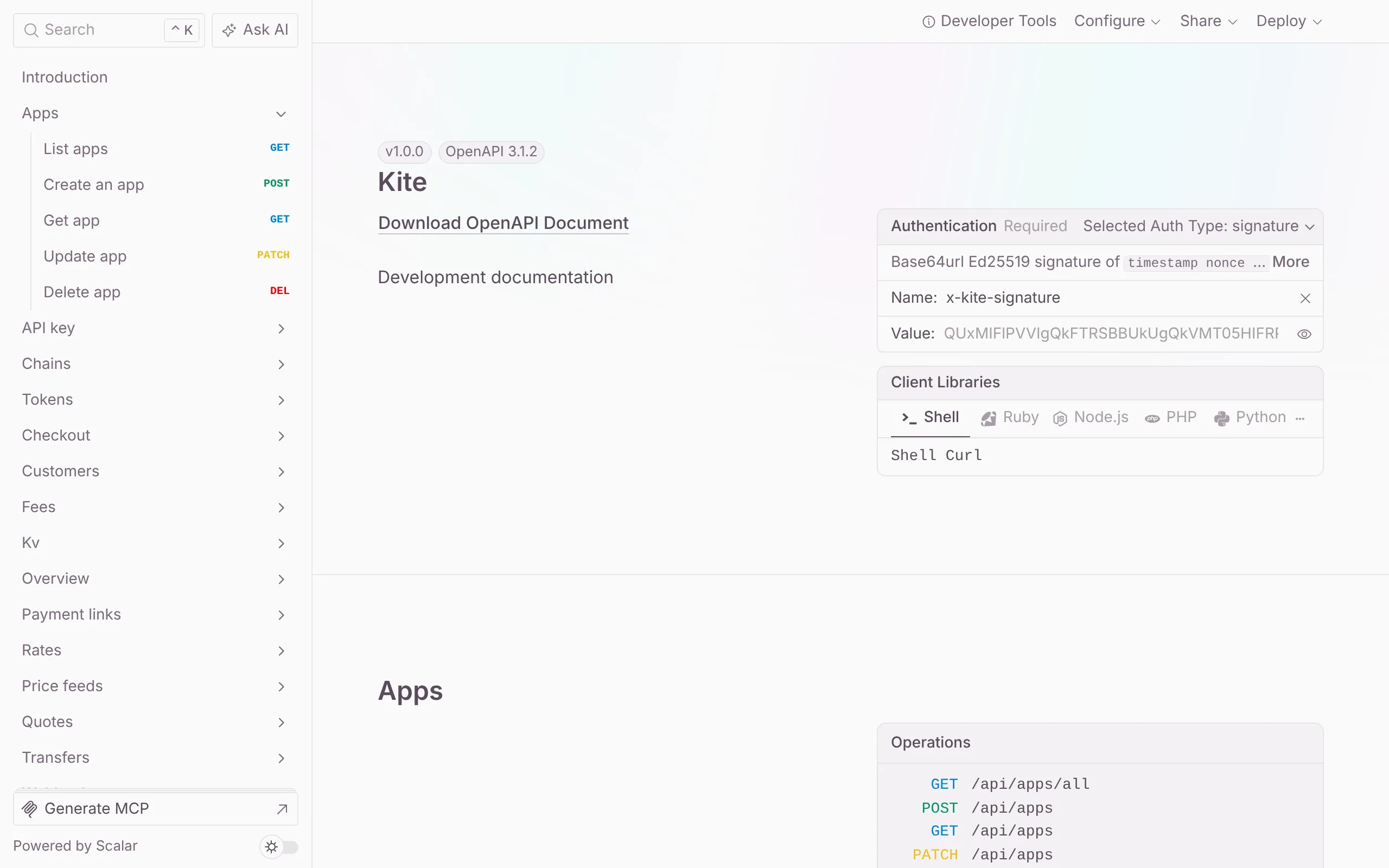 The API reference served by a Kite server at /openapi