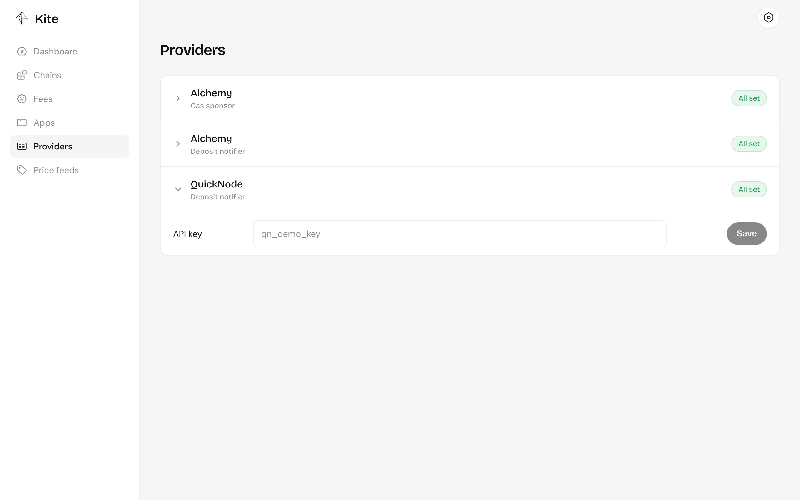QuickNode’s provider entry expanded, with its API key field