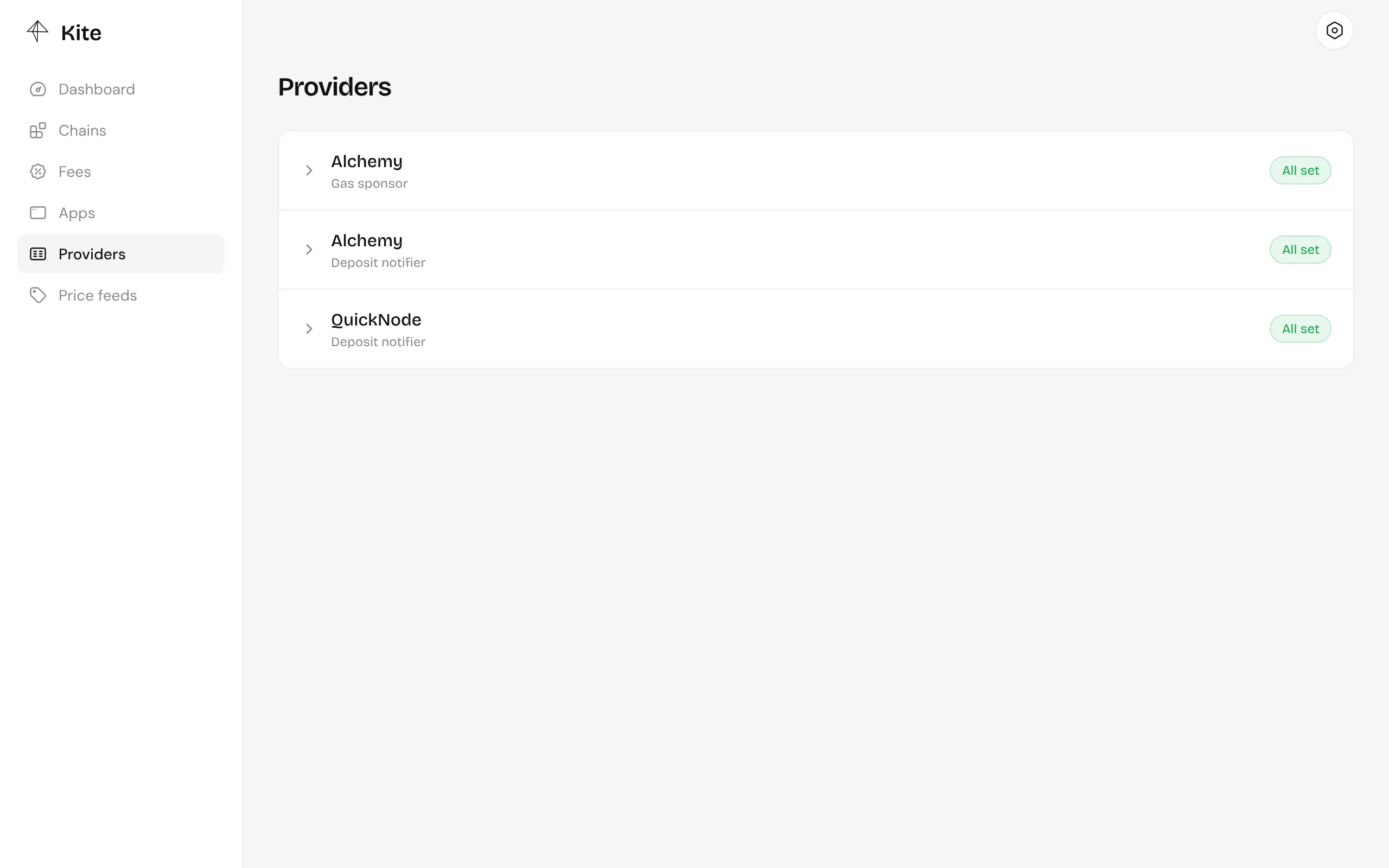 The Providers page: Alchemy as gas sponsor and deposit notifier, and QuickNode as deposit notifier