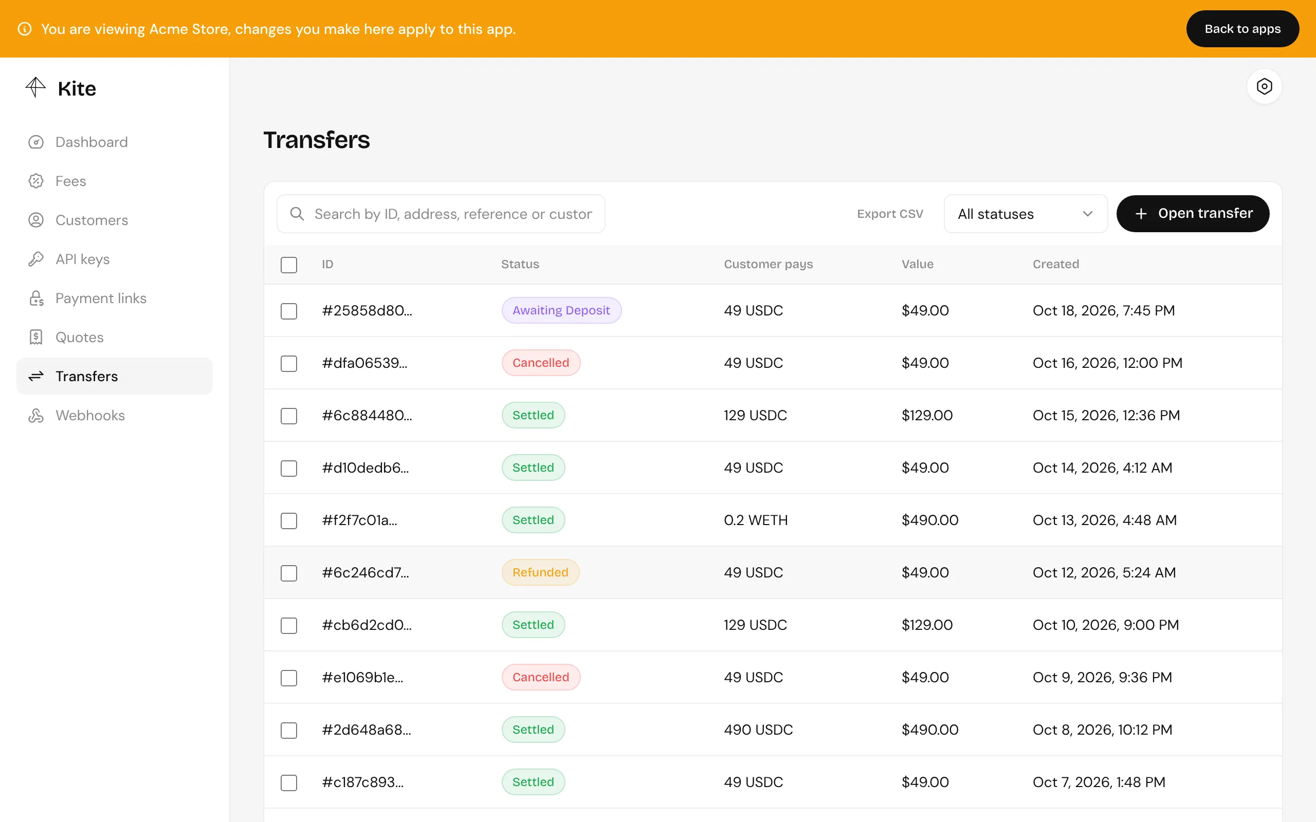 An app’s transfers, with the banner showing the app being viewed