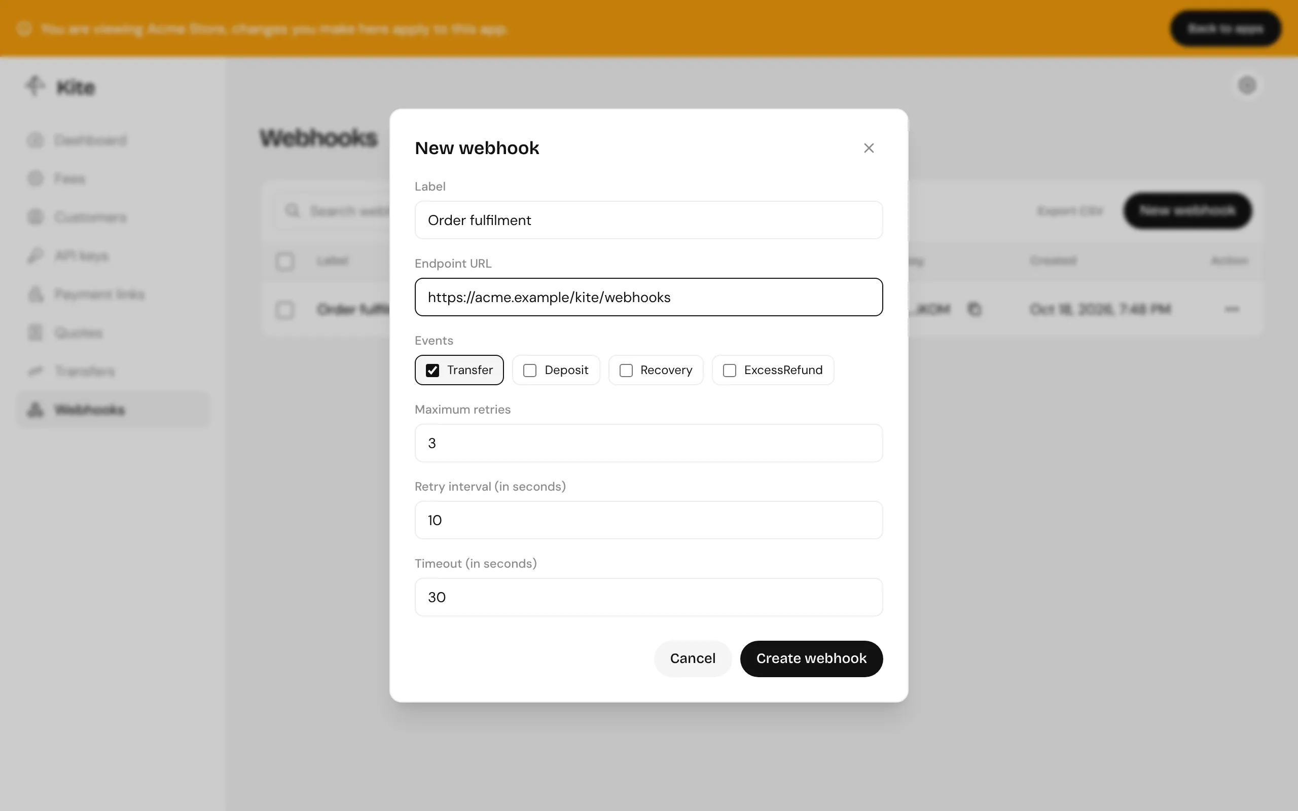 Adding a webhook: label, endpoint URL, events and retries
